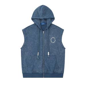 Chaleco con capucha y cremallera para hombre – Chaleco sin mangas de algodón polar estilo urbano con capucha, de peso pesado, 100% algodón, con bolsillo canguro - Product Image 1