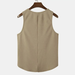 Camiseta sin Mangas de Punto con Cuello Redondo de Color Sólido para Hombre, Estilo Casual, Color Beige, Producción Harry Johnson, Calidad Premium - Product Image 6
