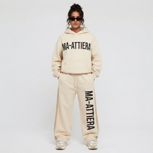 Custom <b>Women</b> Cream Oversized Hoodie and Wide Leg <b>Sweatpants</b> Two Piece Graphic Streetwear Tracksuit Set - Product Image 1