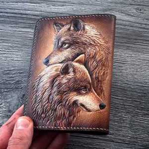 Wolf Face Carved Border Stitched Hand Tooled 100% Genuine Leather Material Brown Color Card <b>Holder</b> Bi-Fold <b>Wallet</b> Button Closure - Product Image 3