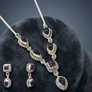 Purple Amethyst Long Chain Necklace Earrings Set 925 Sterling Silver Bezel Setting Women's Elegant Bohemian Party Gemstone - Product Image 4