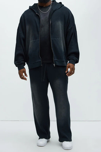 Acid Washed Custom Manufacturer Cropped Men Vintage Zip up Embroidery Heavy GSM Hoodie Heavyweight Distressed Acid Wash Hoodie - Product Image 3