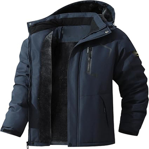 Men's Winter Hooded Puffer <b>Jacket</b> <b>Fleece</b> <b>Lined</b> Windproof Zipper Closure Solid Color Casual Outerwear - Product Image 1