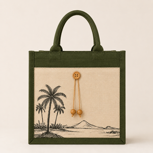 Sac fourre-tout vert en jute et coton laminé, imprimé palmiers, écologique, réutilisable, pour courses, exposition, avec poignées en corde - Product Image 3