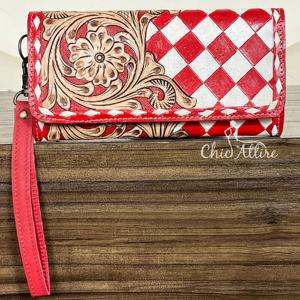 Cartera Larga de Cuero Vacuno con Diseño Floral a Cuadros, Hecha a Mano, con Correa para la Muñeca, Moderna, para Efectivo y Tarjetas, para Mujer, Último Diseño 2026 - Product Image 1