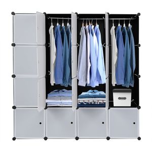 Organiseur 16 cubes, rangement en plastique empilable à 4 niveaux avec 3 tringles à vêtements en fil d'acier, montage facile, blanc - Armoire portable - Product Image 5