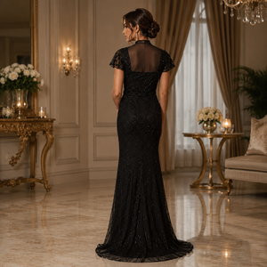 Luxury Black Beaded Evening Gown for Women Elegant Formal Party Dress Sheer Neck Embellished Sleeves Floor Length Cocktail Maxi - Product Image 4