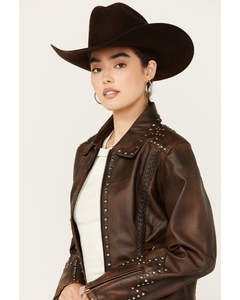 Womens Genuine Sheep <b>Leather</b> Studded Western <b>Jacket</b> Distressed Brown Real Lambskin Biker Vintage Zip Up Wholesale - Product Image 2