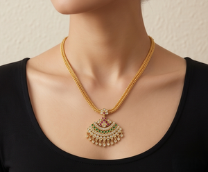 Divyoro Classic <b>Copper</b> Navratri Short Fan Pendant Necklace Yellow Gold Plated Cubic Zirconia Stones Adjustable Length Women - Product Image 3