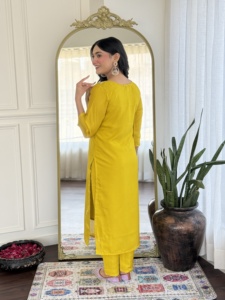 Latest Women's Mustard Color Vichitra Silk <b>Kurti</b> with Vichitra silk Pant Chinon With Digital Print Dupatta Sets - Product Image 4