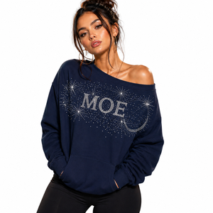 Sudadera con capucha de algodón polar azul marino con hombros descubiertos y pedrería para mujer, con bolsillo canguro, de marca personalizada, fabricante mayorista - Product Image 1