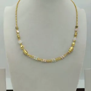 Yellow Sophisticated Layered Fine Jewelry for Women Gold <b>Beaded</b> Necklace with Multi Strand Chain and Pastel Gemstone Accents - Product Image 1