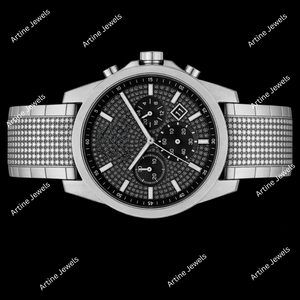 Reloj Cronógrafo de Plata con Diamantes, Esfera Negra con Pavé, Reloj de Lujo con Indicador de Fecha, Accesorio de Muñeca Premium, Diseño Impresionante - Product Image 3