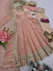 Wedding Premium Elegance Soft silk Anarkali Gown Dupatta Set Fully Stitched Indian Ethnic Outfit Lehenga 3 Pcs Set - Product Image 4