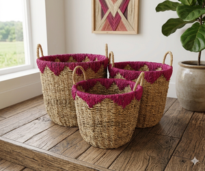 Panier de rangement en jonc de mer naturel et rose, écologique, tressé à la main, style vintage, Kingcraftviet - Product Image 1