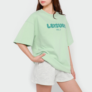 Ensemble short 2 pièces décontracté et ample pour femme, manches courtes, col rond, imprimé lettres vertes, respirant, 100 % coton - Product Image 2