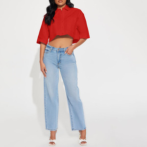 Hot Sale Women's Red Crop Top <b>Button</b> Down <b>Shirt</b> <b>Half</b> Sleeve Poplin Casual Solid Color Front Pocket Spring Summer Loose Fit <b>Shirt</b> - Product Image 4