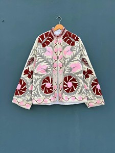 Hand-Embroidered Suzani <b>Jacket</b> Vintage Uzbek Floral Motif Cotton Outerwear Bohemian Style <b>Mandarin</b> <b>Collar</b> Cropped Coat for Women - Product Image 2