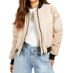 Chaqueta Bomber Beige de Talla Grande para Mujer, con Ribete en Contraste, Cierre de Cremallera, Prenda Exterior Informal, Transpirable, con Logotipo Personalizado, de Nailon Ligero - Product Image 4