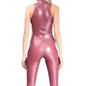 Women's Purple PU Coated Sleeveless Turtleneck <b>Jumpsuit</b> High Waist Full Length Sexy Clubwear Stretch Skin Tight Bodycon Suit - Product Image 4
