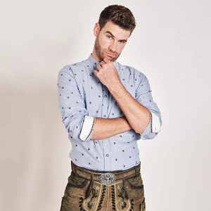 Chemise décontractée pour homme à manches longues, imprimé pois bleus, col mandarin, 100 % coton respirant, popeline, manches complètes, style printemps - Product Image 3