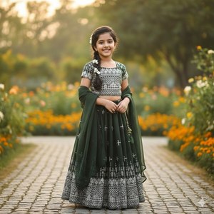 Conjunto de Lehenga Choli Tradicional para Niñas, Bordado, Reversible para Invierno/Verano, de Secado Rápido, Largo hasta el Suelo, Corte Regular, Elástico - Product Image 1