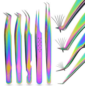 Pince à épiler 45 à 90 degrés, volume et forme incurvée, pointe en fibre de couleur arc-en-ciel, pince à épiler d'extension de cils antidérapante en acier inoxydable - Product Image 4