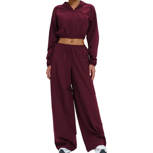 Womens <b>Cropped</b> <b>Zip</b> <b>Up</b> Hoodie Wide Leg Pants Set Lightweight UV Protection Tracksuit Breathable Sportswear Set - Product Image 3