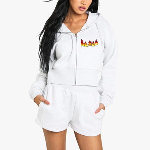 Oversized drop shoulder women's 2 piece <b>set</b> custom 3D puff printed logo cropped zipper hoodie & short ladies <b>twin</b> <b>set</b> - Product Image 4