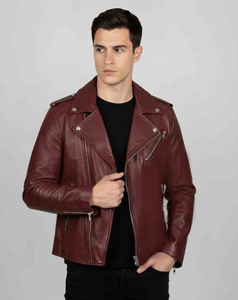 2026 Men's <b>Burgundy</b> Genuine <b>Leather</b> Biker <b>Jacket</b> With Zipper Closure Turn-down Collar Slim Fit Motorcycle Style Autumn Wear - Product Image 1