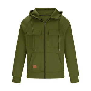 เสื้อฮู้ดดี้ผู้ชายสไตล์ทหาร ผ้าเดนิม 100% คอตตอน ซักแล้ว สีพื้น ทรงโอเวอร์ไซส์ มีกระเป๋าคาร์โก้และฮู้ด - Product Image 3