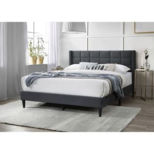 Elegante Letto Moderno Queen Size con Testiera in Lino Spazzolato Color Carbone, Design a Cassettone Imbottito - Product Image 1