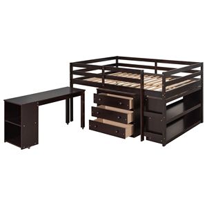 Letto a soppalco completo con armadio e scrivania portatile su ruote, colore espresso - Letto per bambini con funzioni multiple e scaffali - Product Image 3