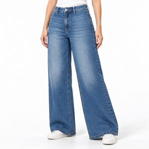 Jean en denim taille mi-haute à jambe large pour femme avec poches latérales sur l'entrejambe - Bleu moyen, coupe skinny extensible, grandes tailles disponibles - Product Image 3