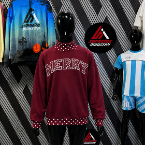 เสื้อผู้ชายแบบสั่งทำพิเศษ ตกแต่งด้วยลายปักตัวอักษร Merry คอตั้ง แขนยาว ลายจุดตัดสี ทรงหลวม ชุดฤดูหนาว 2 ชิ้น สีชมพู คอเต่า - Product Image 3