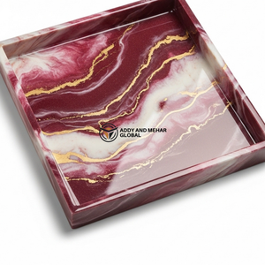 Plateau élégant en résine rouge vin – Plateau de service effet marbre avec détails veineux dorés - Product Image 4