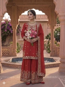 Ensemble Sharara élégant en soie Chinon rouge brodé avec dupatta pour femme, idéal pour mariage, fête, tenue ethnique traditionnelle - Product Image 6