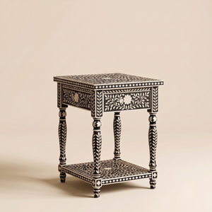 Custom <b>Black</b> Bone Inlay <b>Bedside</b> Table 1 <b>Drawer</b> Floral Handmade Nightstand Luxury Wooden Bedroom Side Table - Product Image 2