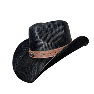 Solid Color Black Textured Straw <b>Western</b> <b>Hat</b> Breathable Summer <b>Hat</b> with Contrast Brown Leather Band - Product Image 1