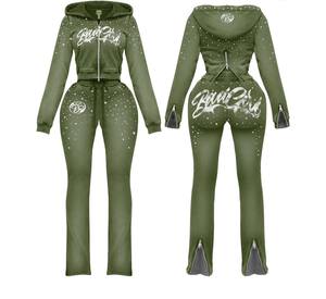 Ensemble de survêtement personnalisé pour femme avec strass, 2 pièces, vêtements d'hiver pour femme, ensemble sweat à capuche zippé et pantalon de survêtement délavé à l'acide - Product Image 2