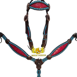 Red croc Inlay Turquoise Crystal Leather Horse Tack Set Crystal Conchos Headstall Breast Plate Genuine Leather Lightweight Tack - Product Image 1