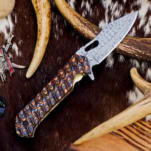 Couteau pliant artisanal professionnel en acier Damas, de qualité industrielle, pour le camping en extérieur, avec étui. - Product Image 4