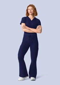 Conjunto de uniforme médico azul marino para mujer, de poliéster y rayón, con top de punto con cuello en V y pantalones con cordón, sin costuras, apto para detección de agujas - Product Image 6