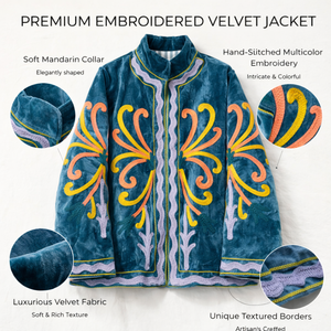 Blouson bomber en velours bleu turquoise brodé à la main pour femme, vêtement de mode hivernal - Product Image 2