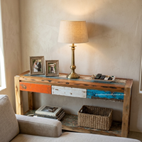 Table console rustique en teck avec 3 tiroirs pour chambre, villa, salon, entrée, appartement, hôtel, mobilier de maison, en bois de bateau recyclé