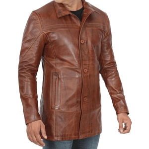 <b>Men's</b> Brown Genuine <b>Leather</b> <b>Long</b> <b>Coat</b> Turn-down Collar Single Breasted Casual Autumn Jacket - Product Image 3