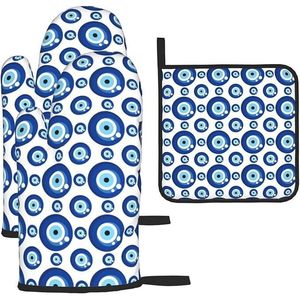 Blue Evil Eyes Oven Mitt Set 3 Funny Hot Pads Heat Resistant Non-Slip <b>Kitchen</b> <b>Accessories</b> Washable for Cooking Grilling Baking - Product Image 1