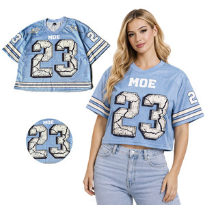 Maillot de football américain vintage pour femme, coupe courte, col en V, en maille bleue, style Y2K, streetwear, esthétique, haut pour le jour du match - Product Image 1