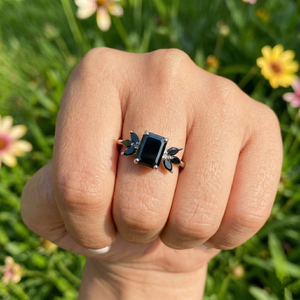 Bague en argent 925 avec diamant naturel noir taille émeraude qualité AAA, sertie de griffes, motif floral, pour mariée, unisexe, fiançailles, mariage, fête, cadeau - Product Image 2