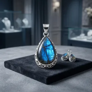 Sterling Silver Blue Fire Labradorite Indian Handmade Jewelry Set Teardrop Pendant Earrings Natural Gemstone Bohemian Women Gift - Product Image 5